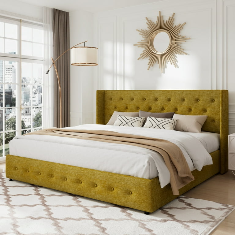 Allewie King Size Lift Up Platform Storage Bed Frame with Button Tufted Wingback Headboard Olive Yellow