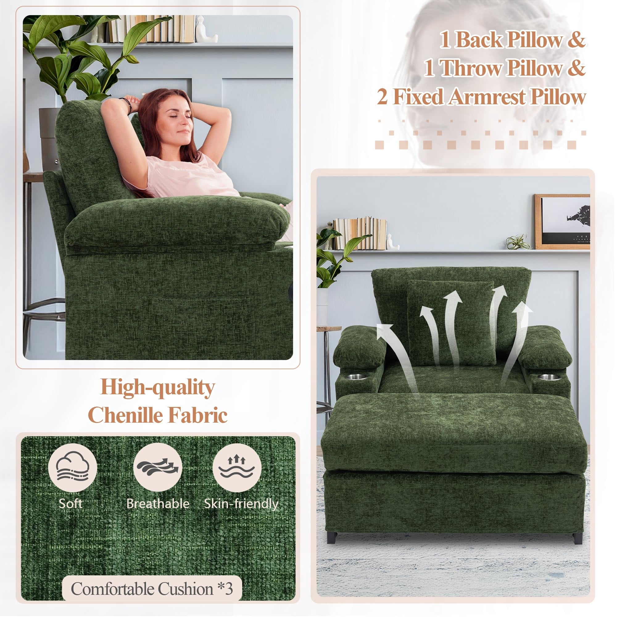 Aukfa 58" Chaise Lounge Oversized Sofa Chair with 2 Cup Holders&USB Ports, Chenille, Green