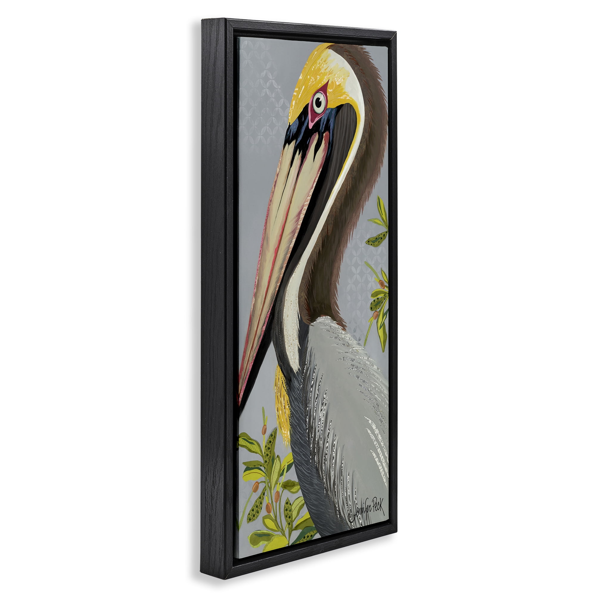 Stupell Industries Pelican on Grey Animals & Insects Painting Black Floater Framed Canvas Art Print Wall Art, 11 x 25