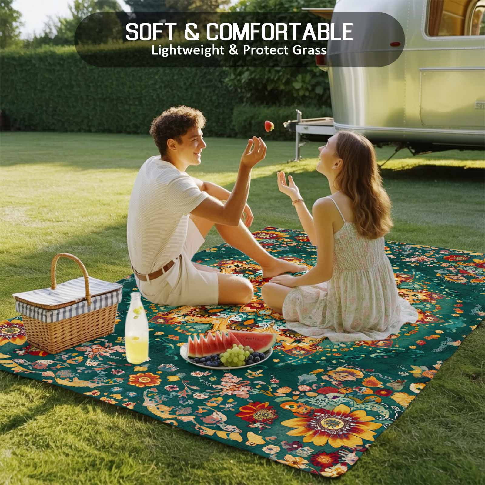 Fsddascl Boho Flower Outdoor Rug for Patio/Deck/Porch, Non-Slip Large Area Rug 4 x 6 Ft, Yellow Green Bohemian Colorful Medallion Indoor Outdoor Rugs Washable Area Rugs, Camping Rug Carpet