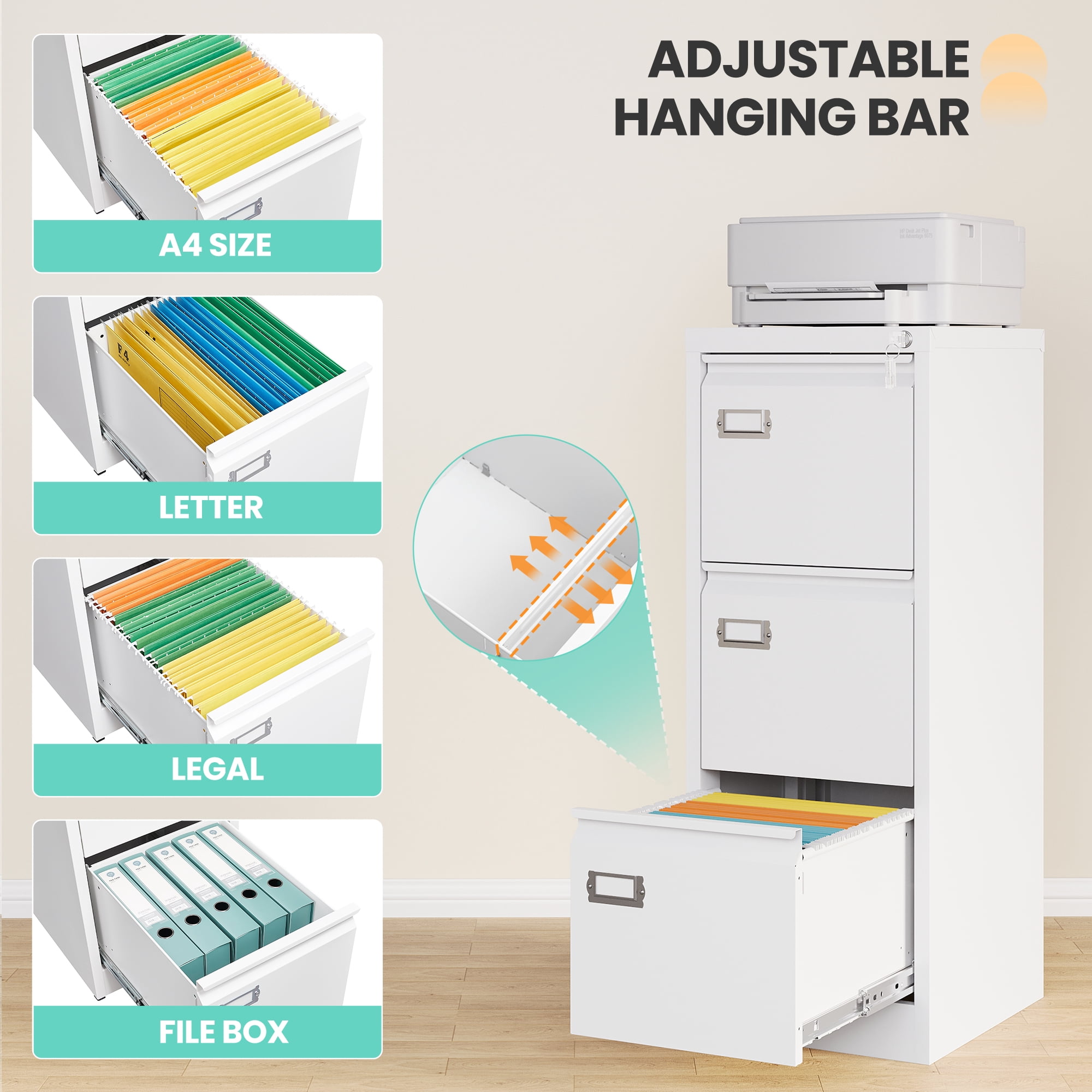 STANI 3 Drawer White File Cabinet with Lock, Filing Cabinets for Home Office, Metal Locking Office File Storage Cabinets with Drawers, Vertical Small Filing Cabinet Organizer for Legal/A4