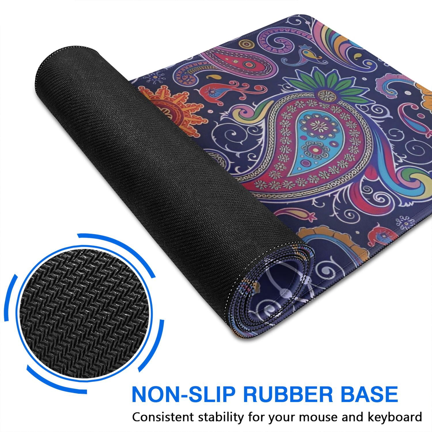 Long Mouse Pads for Desk,Multicolor Ethnic Paisley Pattern Desk Mats on Top Of Desks, Desk Mouse Pad Extra Large with 3mm Non-Slip Base and Stitched Edge for Gaming,Office,Work,Home 47.3"x23.6"