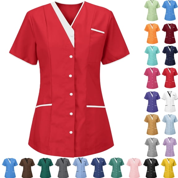 Women’s V-Neck Nurse Uniform Blouse - Short-Sleeve Button-Front Scrub Top for Medical, Nursing, Clinic, Healthcare, Hospital, Caregiver /Clinic Staff | Multi-Size Multi-Pocket Work Uniform