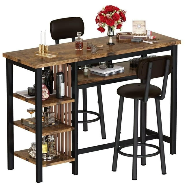 Lamerge Bar Dining Table Set for 2, 3 Piece Bar Table and Chairs Set, Kitchen Counter Height Dining Table Set, Small Kitchen Bar Table with Storage, Breakfast Nook Set for Small Space, Rustic Brown