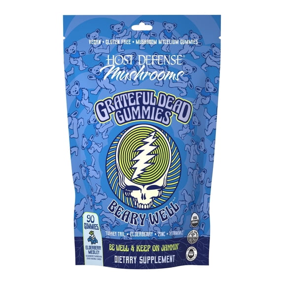 Host Defense Beary Well Grateful Dead Gummies Mushroom Gummies with Agarikon Turkey Tail Chaga Elderberry Vitamin C & Zinc Respiratory System Immune Support, elderberry, 11.04 ounces, 30 servings