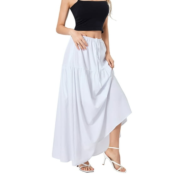 Elippeo Women Loose A-Line Skirt Solid Color Casual Summer Elastic Drawstring Skirt for Beaches Club Streetwear
