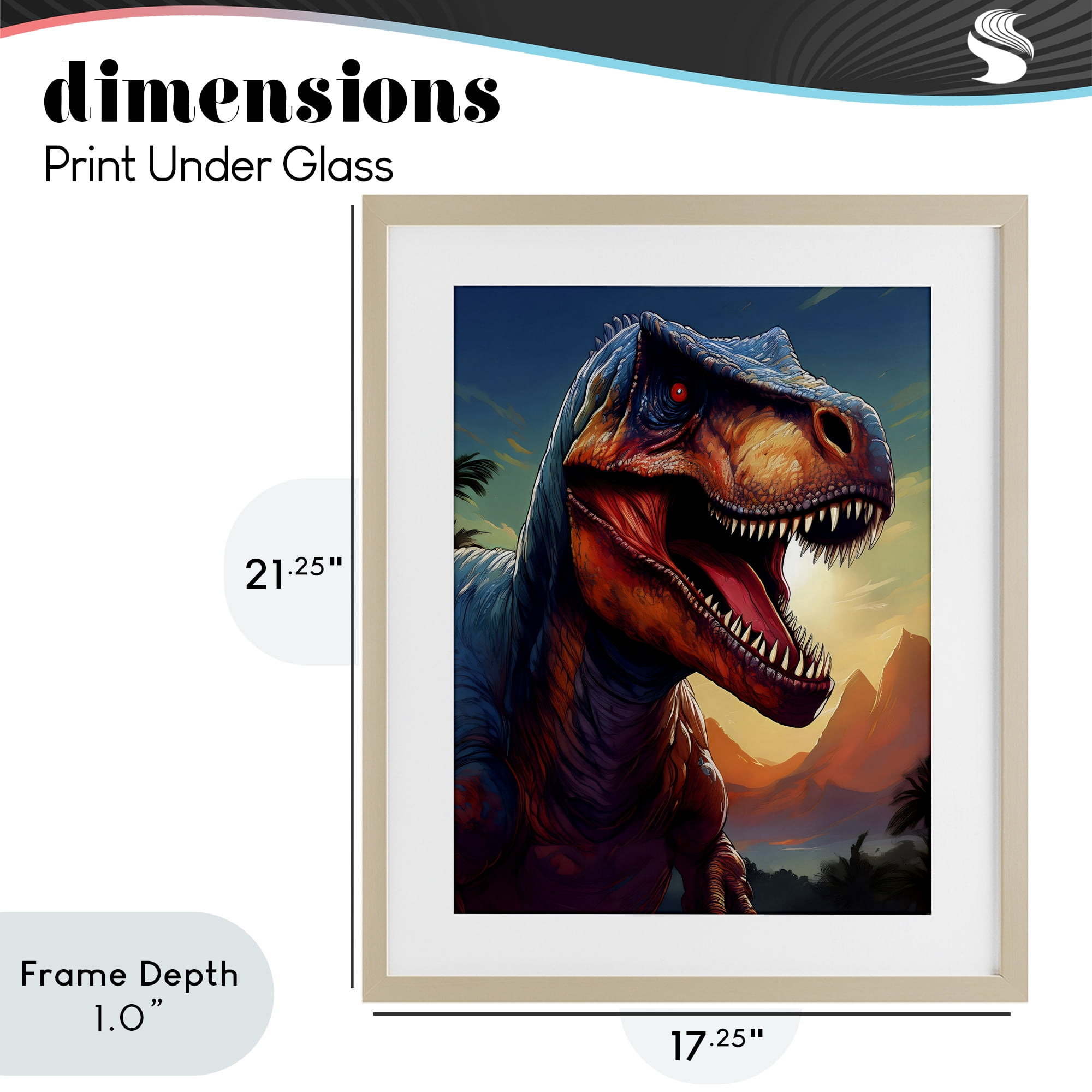 Stupell Industries Dinosaur with Sunset Landscape Birch Framed Print Under Glass, design by Creative Studio