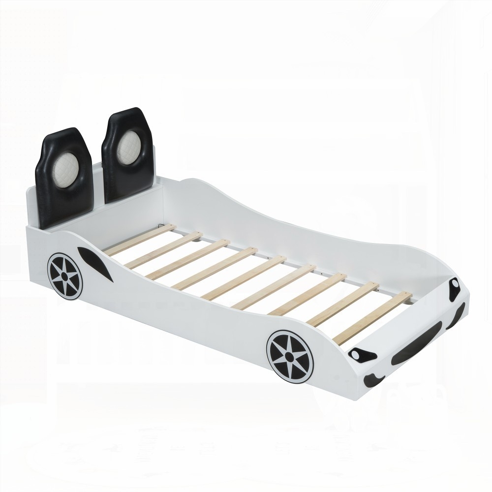 White Twin Size Race Car Platform Bed Featuring Upholstered Backrest & Under-Bed LED Lighting