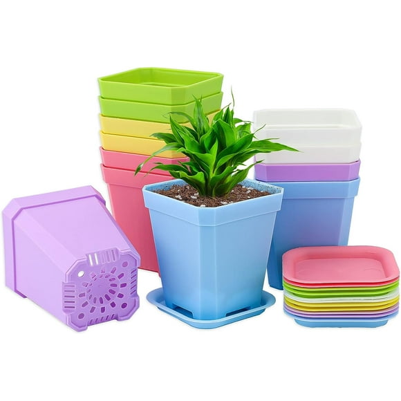 12pcs 7cm plastic square flower pots with trays, 6 colors mix and match, suitable for vegetables, succulents, cacti, herbs.