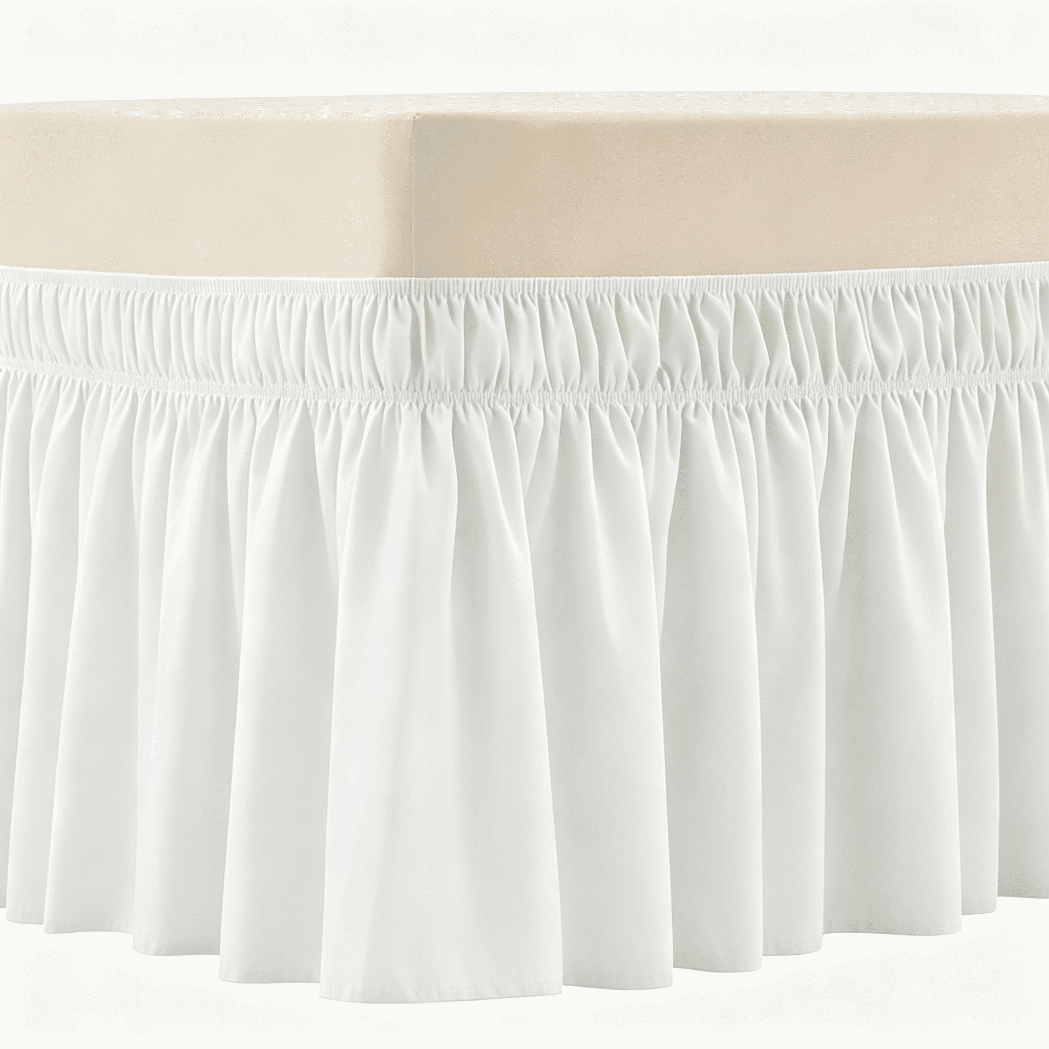 Queen Size Wrap Around Bed Skirt, 15 Inch Drop Elastic Ruffled Bed Skirt, No Lift Mattress Easy‑Fit Dust Ruffle, White Wrinkle Resistant Soft Fabric Bed Skirt