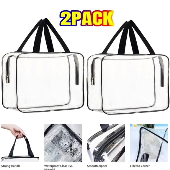 2 PCS Large Clear Makeup Bags, Crystal Clear PVC Travel Toiletry Bag , Waterproof Organizer Makeup Bags with Handle Straps, Cosmetic Bag Handbag - L
