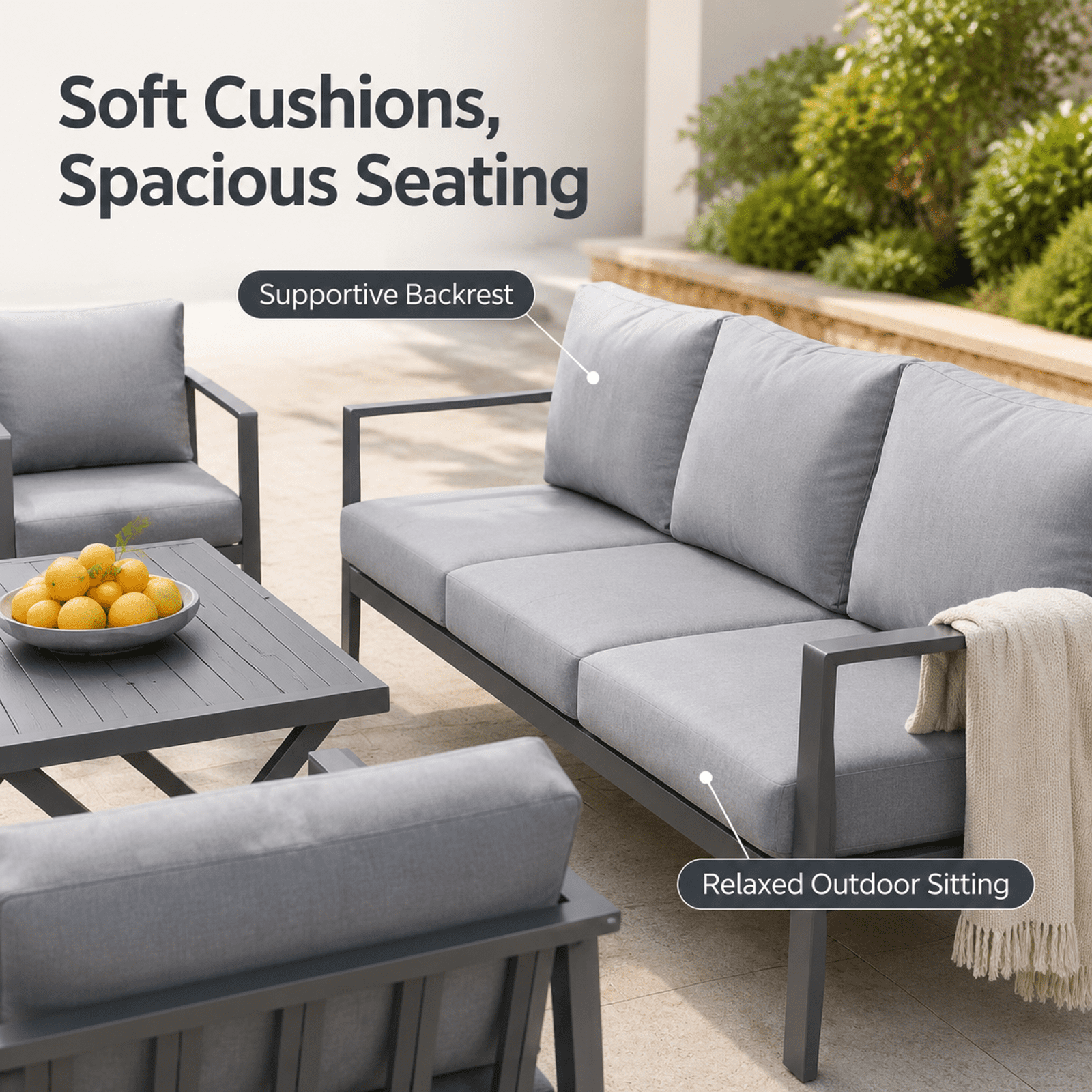 Aluminum Patio Furniture Set with Slim Armrests,4 Seat Modern Outdoor Conversation Set with Cushions and Coffee Table,Metal Patio Sofa Set Gray