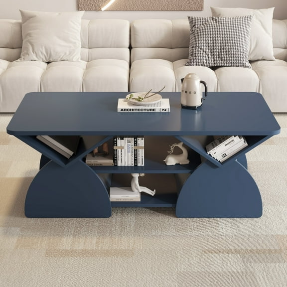 Noble House Arwick 47.24" Rectangular Coffee Table, Wooden Rounded Corners Tea Table, Geometric Open Shelves, Blue