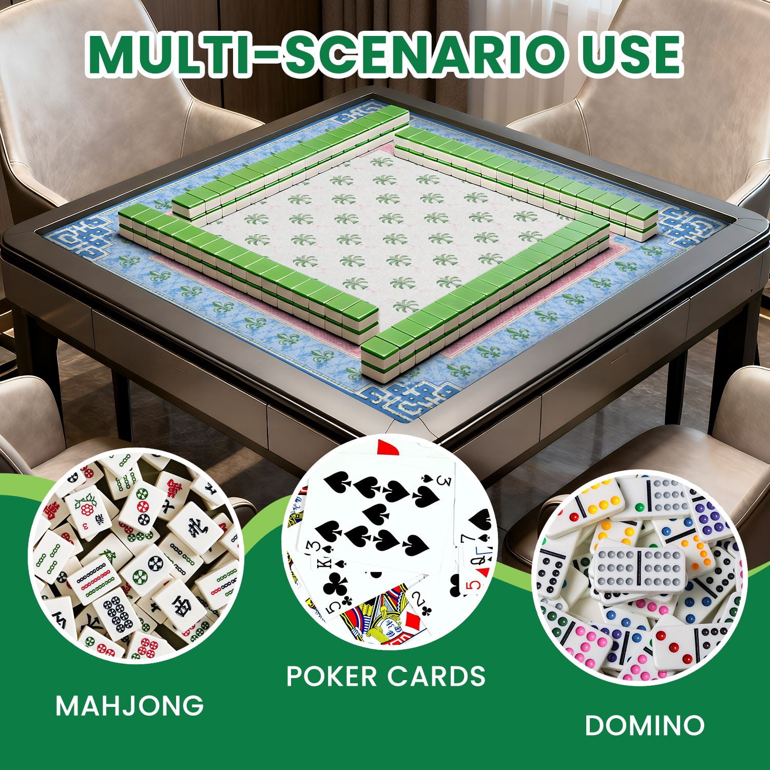 Mahjong Mat 31.5" x 31.5" Tropical Bamboo Palm Leaf Geometric Border Blue Green Non-Slip Noise Reduction Chic Portable Gaming Table Cover for Family Game Night & Gift