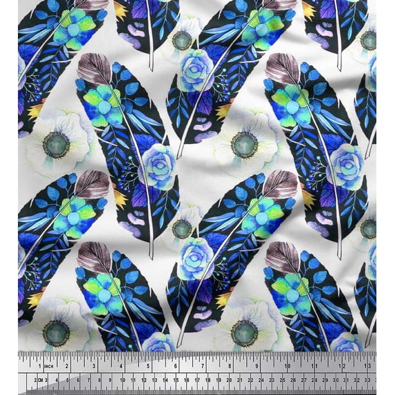 Soimoi Silk Fabric Leaves,Anemone & Feather Print Sewing Fabric Yard 42 Inch Wide