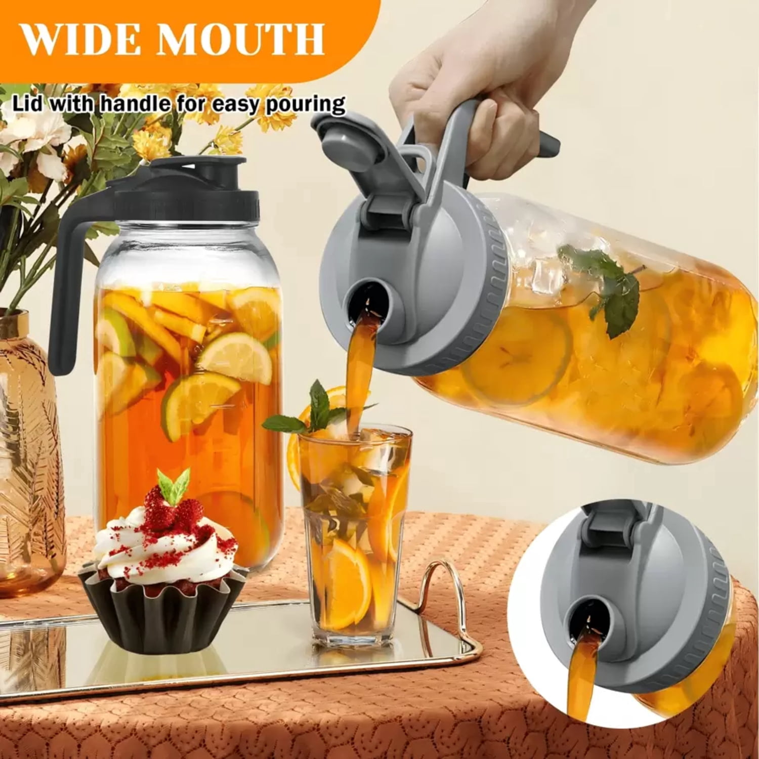 NTGFU 2 Pack 64 Oz Sun Tea Jar, Pitchers with Lid, Half Gallon Mason Jar Pitcher, Glass Pitchers with Lid, Sun Tea Pitcher for Ice Tea, Cold Brew Coffee, Breast Milk, Juices - Leak Proof
