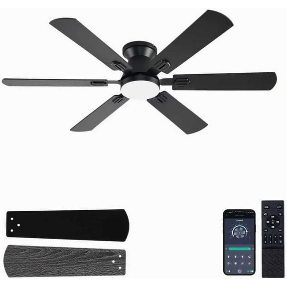 56 inch Ceiling Fans with Lights, Black Flush Mount Ceiling fan with Light and Remote/APP Control, 3CCT, Dimmable, Noiseless, Low Profile Ceiling Fan for Bedroom, Patio, Indoor/Outdoor Use