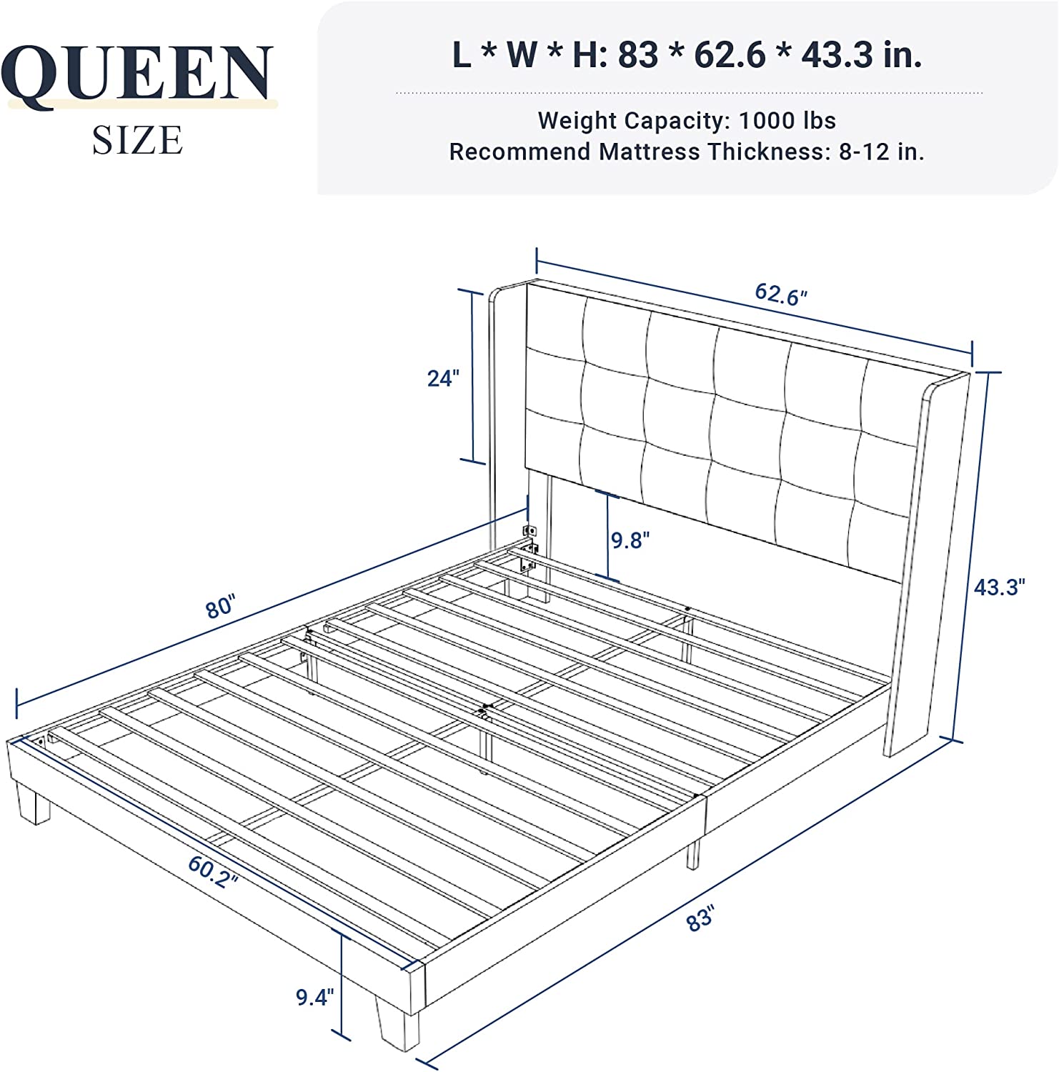 Allewie Queen Size Platform Bed with Wingback Fabric Upholstered Square ...