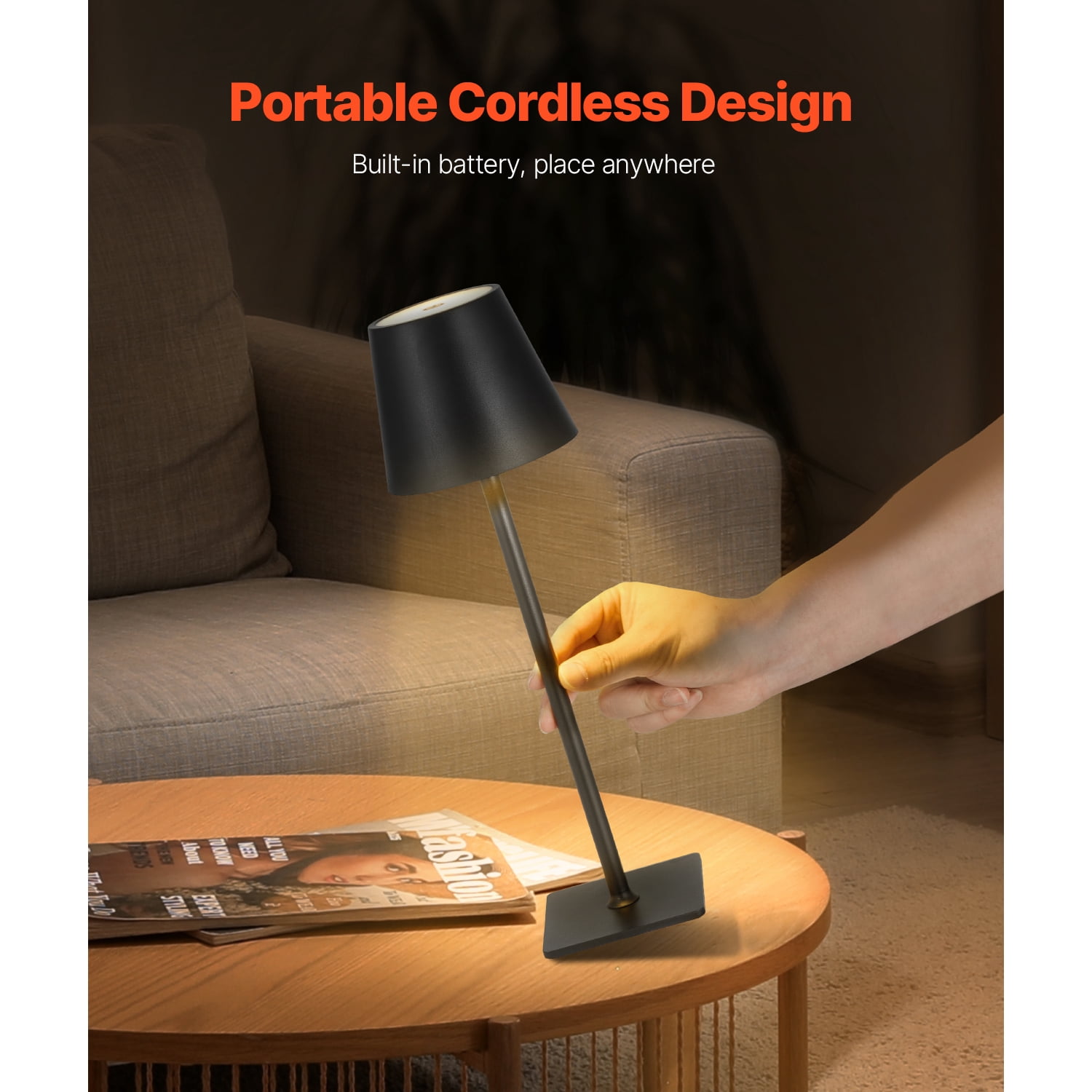 KFFKFF Cordless Table Lamp, Set of 2, Rechargeable 5200mAh Battery, Adjustable 3-Color Dimming, 3000-6500K Color Range, Versatile Lighting for Home, Dining, and Outdoor Use, Black
