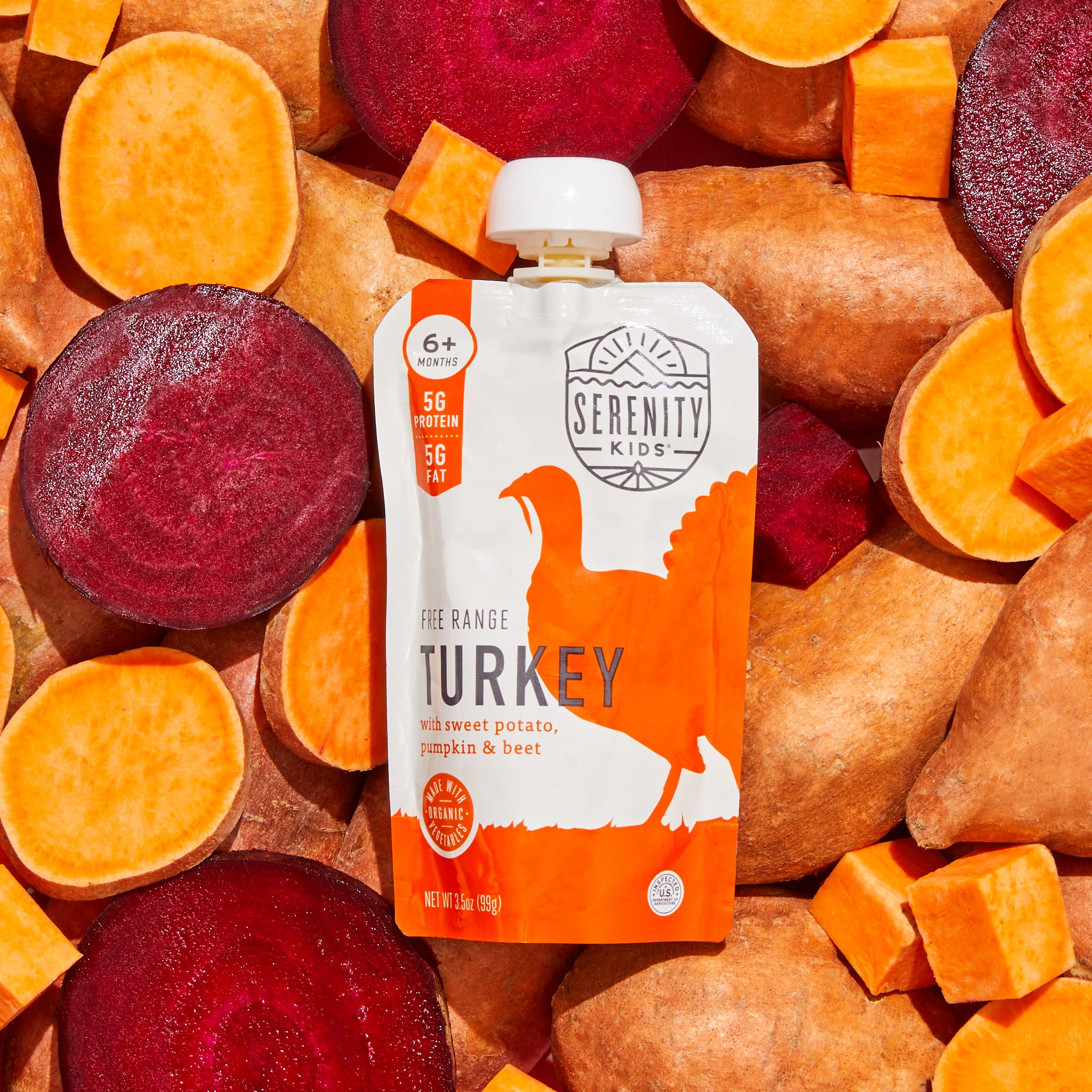 Serenity Kids Free Range Turkey Stage 2 Baby Food Organic Sweet Potato Pumpkin & Beet, 3.5oz Pouch (6 Pack)