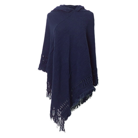 Prolriy Shawl Wraps for Women Fashion Autumn/Winter Knitted Hooded Cape Solid Colour Pullover Cape Warm Scarf Poncho Sweaters for Women Navy