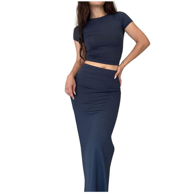 Fgnfyis Ensemble Jupe Longue 2 Pcs pour Femmes, Col Rond, Manches Courtes, Mode, Bleu m