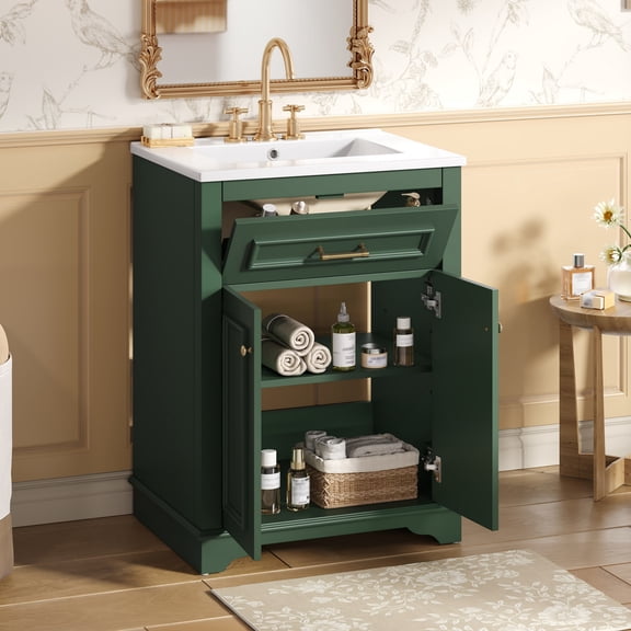 Euroco 24" Bathroom Vanity with Integrated Ceramic Sink, Bathroom Cabinet with 2 Doors, 1 Tip-Out Drawer, Single Sink Bathroom Vanity for Small and Medium Restroom, Green