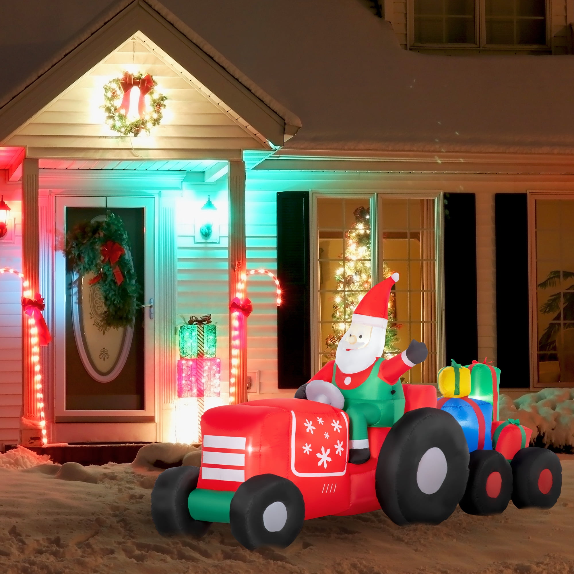 Inflatable Santa Claus Driving Trailer with Gift Boxes LED Lights Outdoor Yard Christmas Decoration