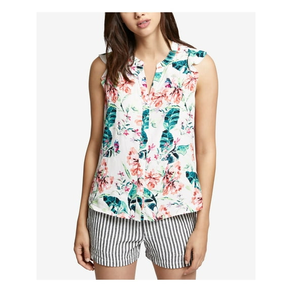 SANCTUARY Womens Ivory Floral Ruffle Sleeveless V Neck Top L