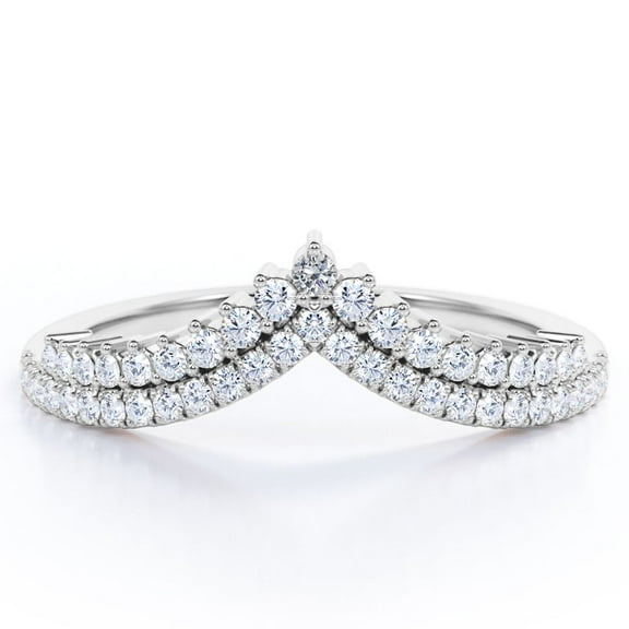 JeenMata 0.30 TCW Round Moissanite - Double Pave Prongs - V Curved Anniversary Ring - 18K White Gold Plating over Silver