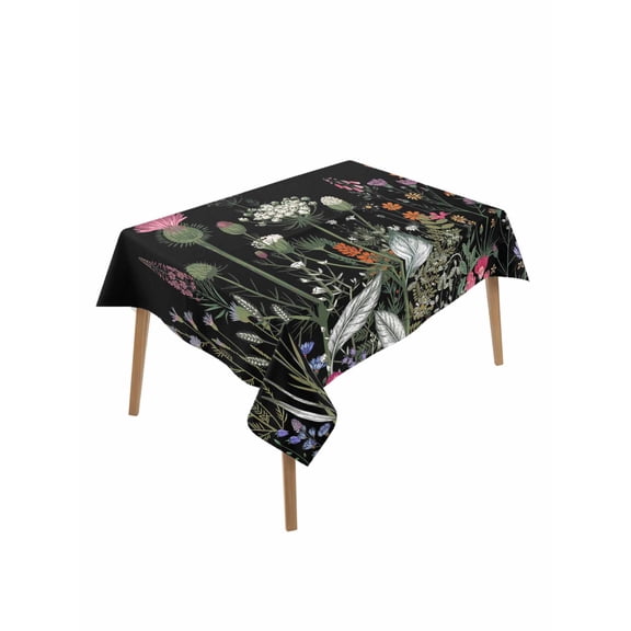 Spring Floral Table Cloth, Black Farmhouse Botanical Watercolor Waterproof Tablecloth for Rectangle Tables, Reusable Washable Fabric Table Cover for Restaurant Kitchen Dining Tables 52"x70"