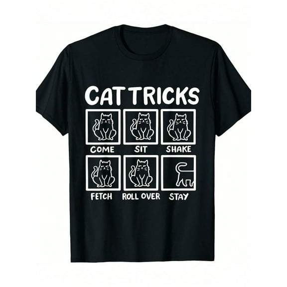 Funny Graphic Tee,Tops Has"Cat Tricks"Whimsical Cat Patterns,Round Neck Regular Fit T-shirts, Size(S-5XL)