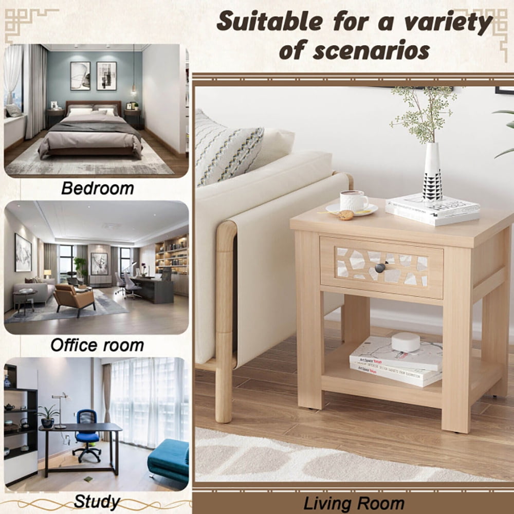Finihen End Table, Wood Retro End Table with Mirrored Glass Drawer and Open Storage Shelf, Sofa Side Table, Bed Side Table, for Living Room, Bedroom, Natural Finihen End Table, Wood Retro End Table with Mirrored Glass Drawer and Open Storage Shelf, Sofa Side Table, Bed Side Table, for Living Room, Bedroom, Natural
