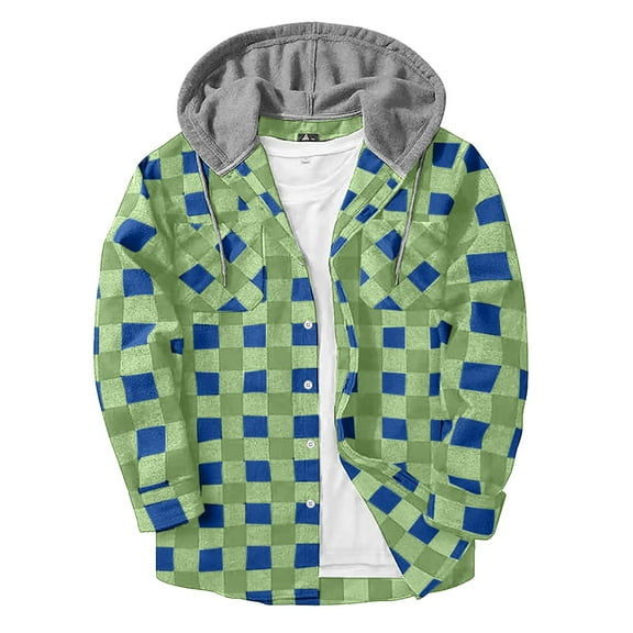 KeShDi Fall Jackets for Men's Casual Button Brushed Plaid Shirt Men's Jacket Long Sleeved Fashionable Hoodie with Pocket Mint Green 2X
