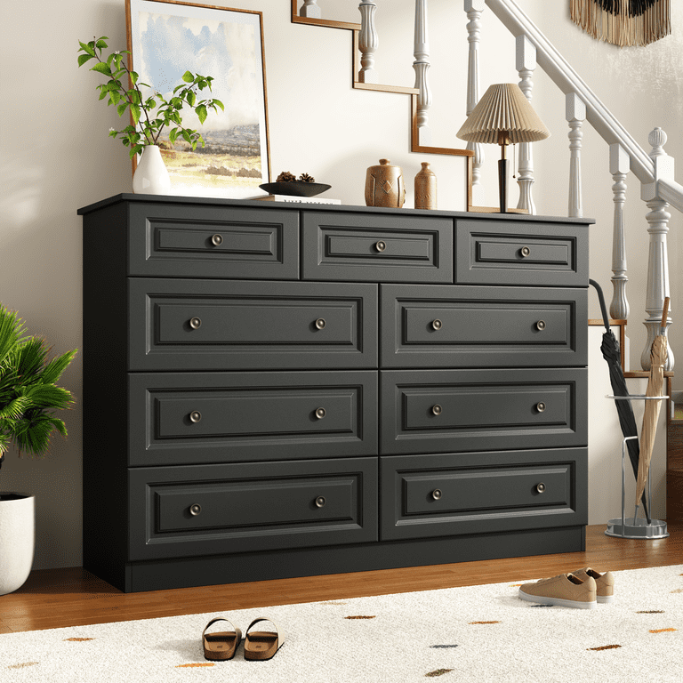 Black 9-Drawer Dresser, 50.39" Wide 37.40" Tall Dresser with Anti-Tip  Hardware, Retro Handles, Easy Assembly, Chest of Drawers for Bedroom, Wood  Storage Cabinet for Living Room - Walmart.com