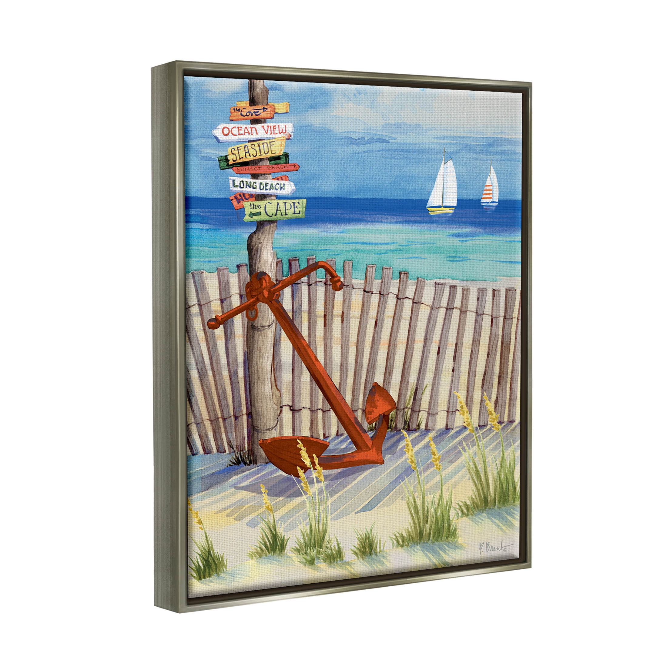 Anchor Leaning Beach Directions Sign Coastal Painting Luster Gray Framed Art Print Wall Art