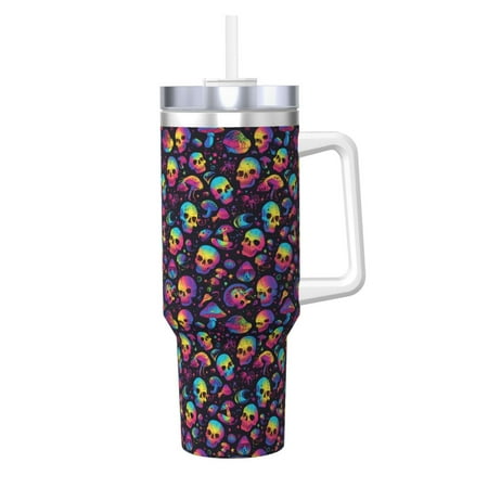 

Goofa Skull mushroom rainbow color Print 40oz Ice Bully With Handle And Straw Stainless Steel Vacuum Insulated Cup And 2 In 1 Straw Lid