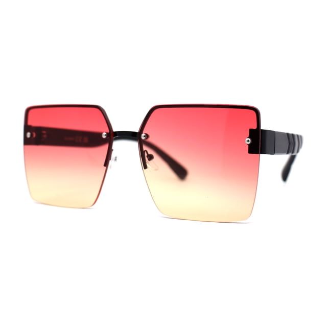 Womens Rimless Oversize Rectangle 90s Butterfly Sunglasses Black Red Orange