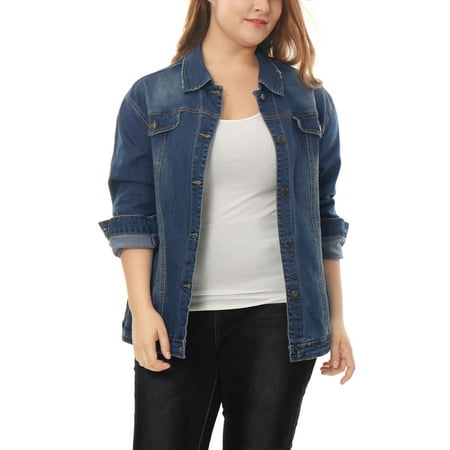 Garter Stitch Jacket - Women's Plus Size Stitching Button Front Washed Denim Jacket