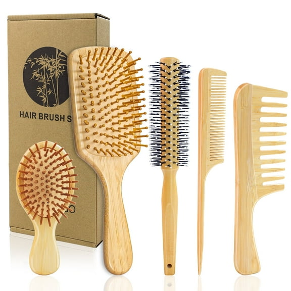 DUAIU 5-Piece Bamboo Hair Brush Set - Large Cushion Comb, Wide/Fine Tooth & Rolling Combs | No-Bristle Detangling for Thick/Thin/Curly/Dry Hair | Gift Kit for Women/Men/Kids
