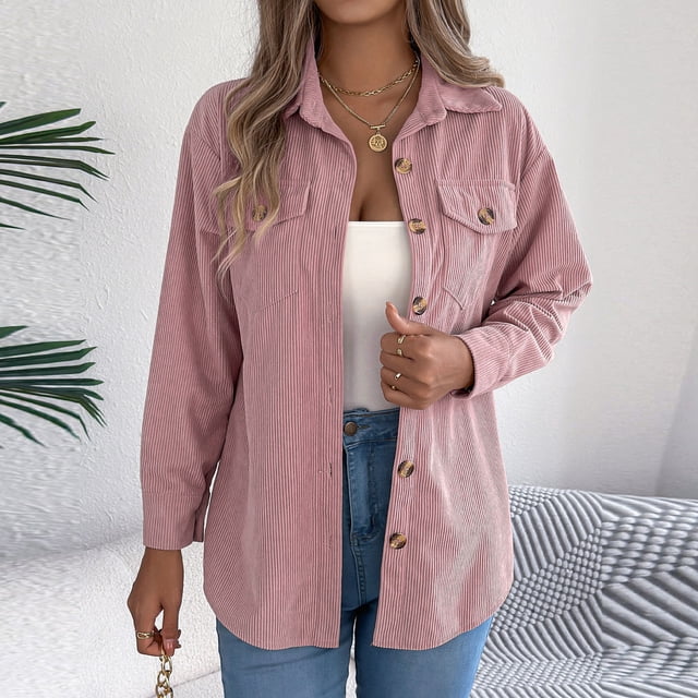 Pincandy Womens Corduroy Shacket Blouses Button Down Shirts Pocket Long Sleeves Tops Jacket Coats