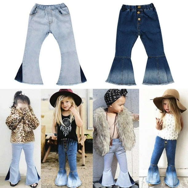 Honganda Fashion Toddler Baby Kids Girls Denim Bell Bottom Pants Jeans Wide Leg Trousers 2-7yrs Blue 2-3 Years