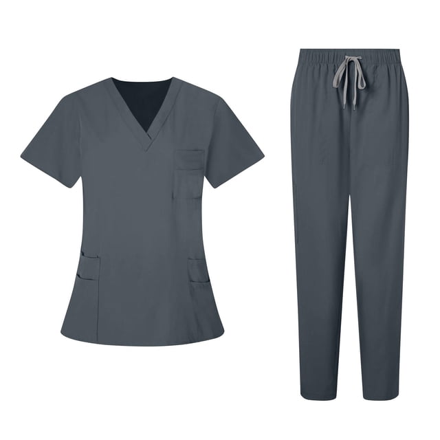 Timegard Work Outfits for Women 2 Piece V Neck Short Sleeve Tops Fitting Pants Solid Color Outfits