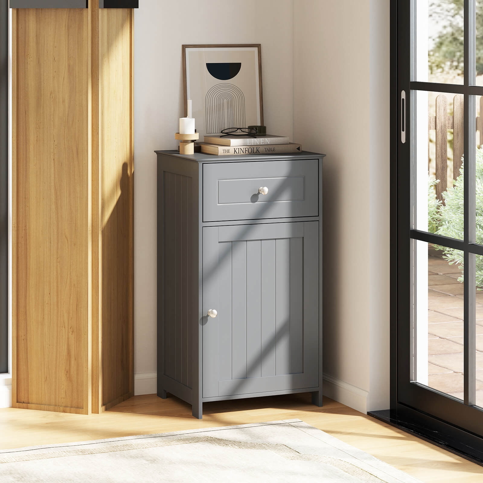 Costway White Floor Storage Cabinet Bathroom Organizer Cupboard Drawer Shelf Bath Towel Gray