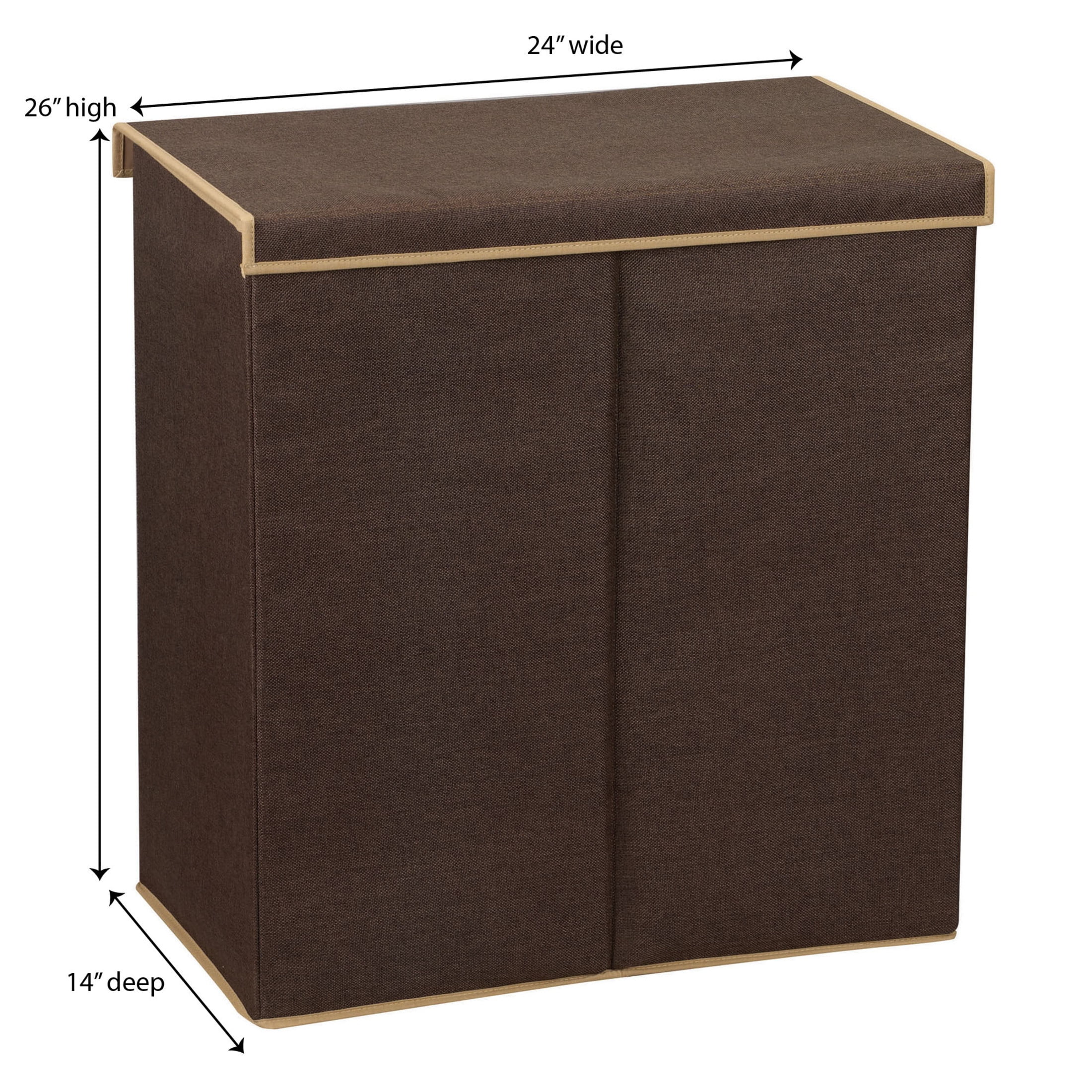 Household Essentials Double Laundry Hamper with Lid, Two Compartments for Easy Sorting with Removable Liner, Collapsible, Brown Linen 5614