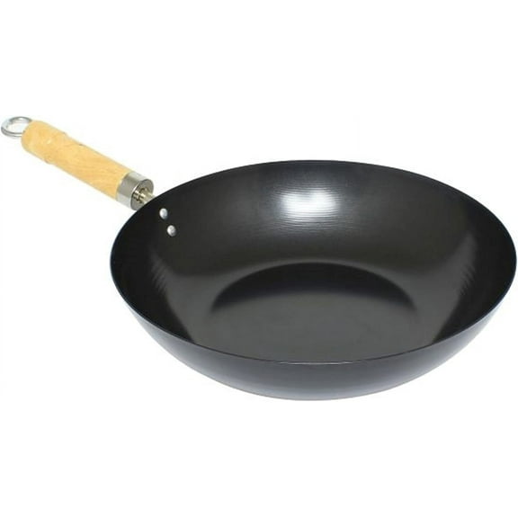TrueCraftware- 12" Non-Stick Carbon Steel Wok Pan with 7-1/4" Wood Handle- Flat Bottom Cookware Chinese Wok Stir Fry Pans Traditional Woks Grilling Frying Steaming For Authentic Asian Food