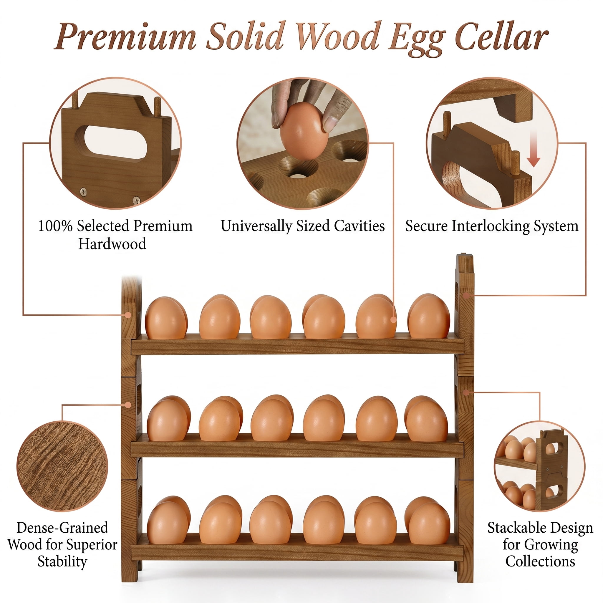 SoildPal 3-Tier Wooden Egg Holder, Stackable Countertop Egg Rack Holds 36 Eggs for Kitchen Farmhouse Decor