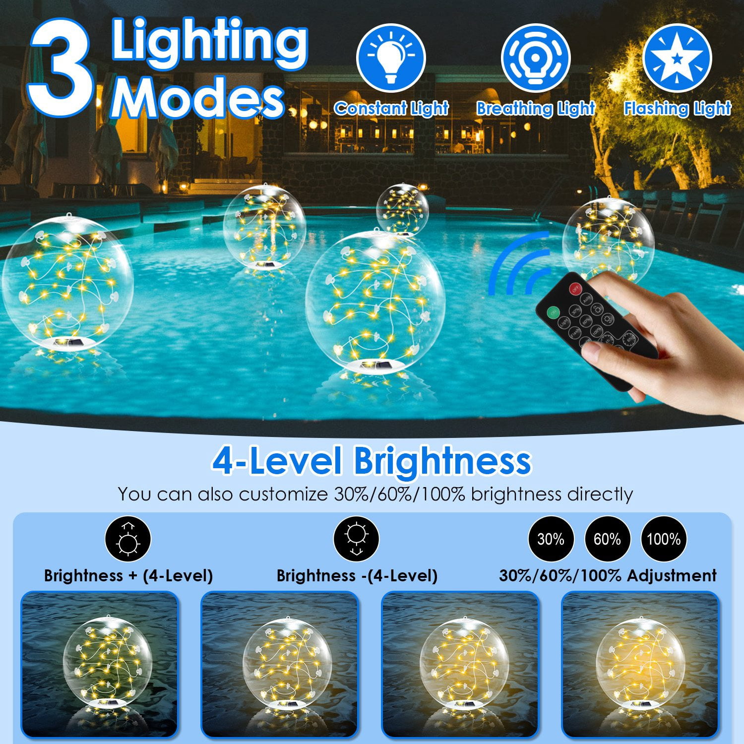 2 Pack Outdoor Solar Pool Lights, LED Light Up Balls with Remote, 3200K Warm Glow, 3 Lighting Modes & 4-Level Brightness & Auto On at Dusk, IP68 Waterproof, Perfect for Garden, Pool, Beach & Party