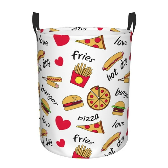 Saiise Fast Food Print Large Collapsible Laundry Basket, Waterproof Round Cotton Linen Storage Bin with Handles for Hamper, Kids' Room, and Toy Storage-Medium