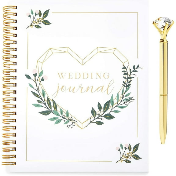 Paper Junkie Spiral Wedding Notebook - 7 x 8.15 In, White, 2-Piece Set - Bridal Journal with Gold Diamond Pen